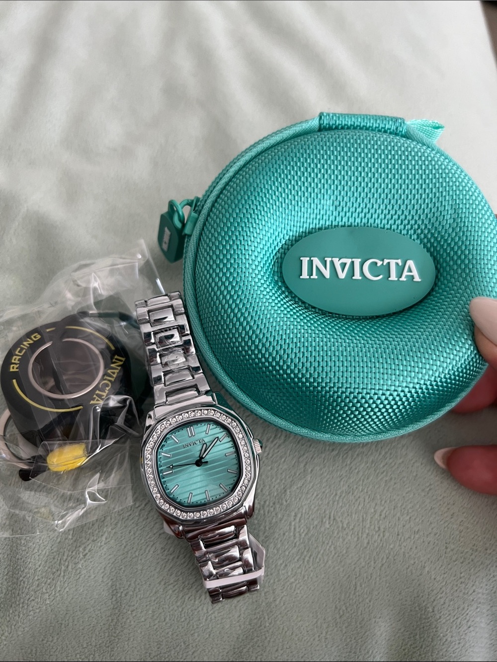 Invicta Women's Silver Watch with Turquoise Dial and Crystal Bezel
